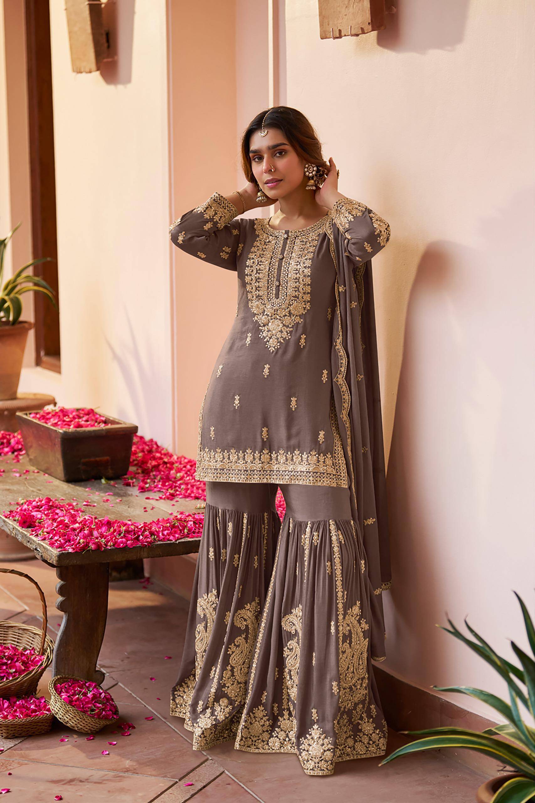 PURVA 7656 COLORS  By Gulkayra Designer 7656A to 7656C series Indian Traditional Wear Collection Real Chinon Sharara suits At Wholesale Price
